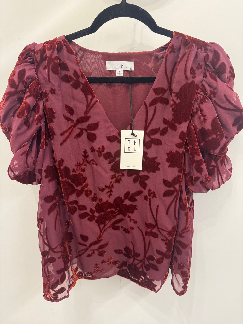 THML Wine Floral Velvet Burnout Puff-Sleeve V-Neck Top